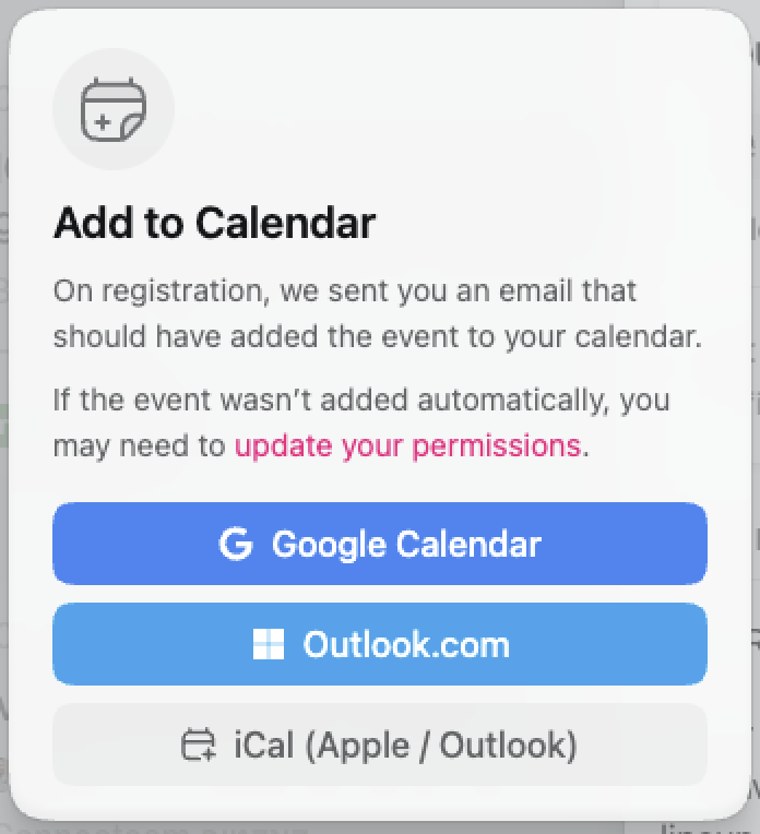 Luma's "Add to Calendar" modal — Google Calendar, Outlook.com, and iCal (Apple / Outlook); the Outlook.com button links to outlook.office.com